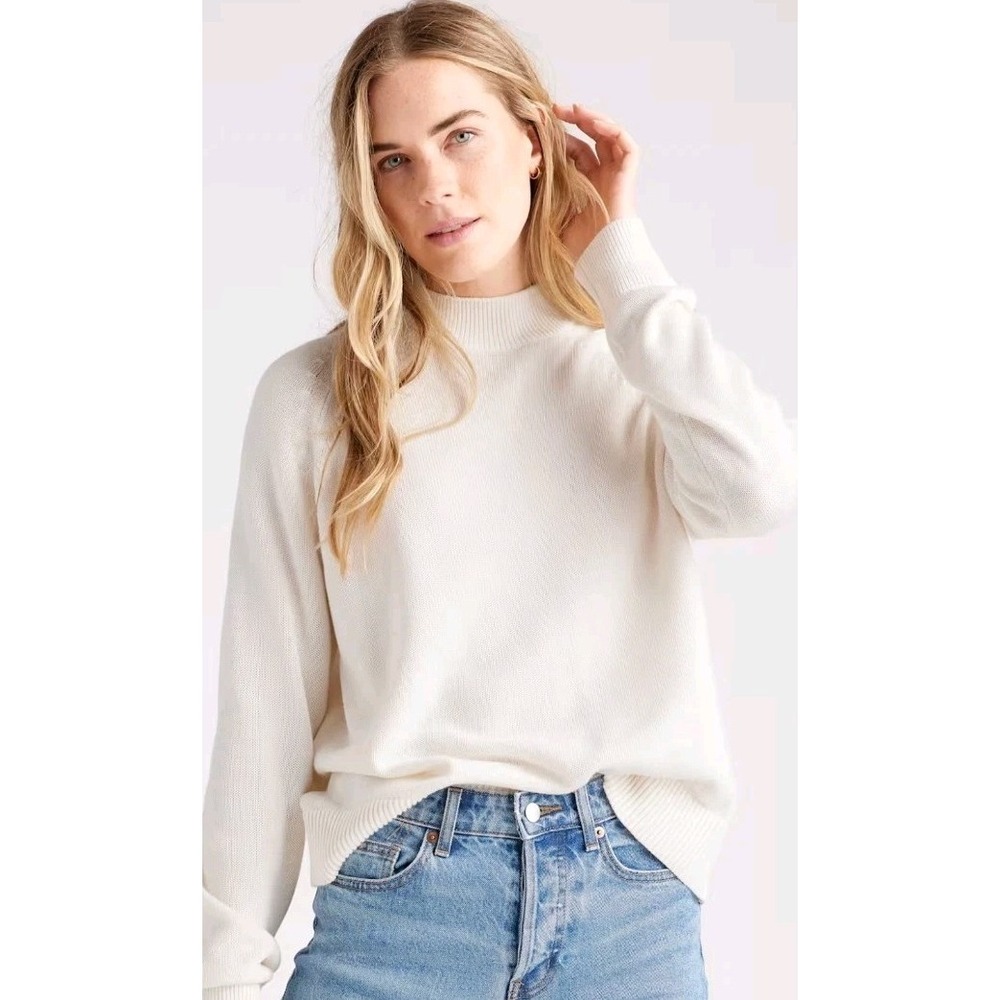 Quince Women 100% Organic Cotton Mock Neck Sweater Ivory L Quiet